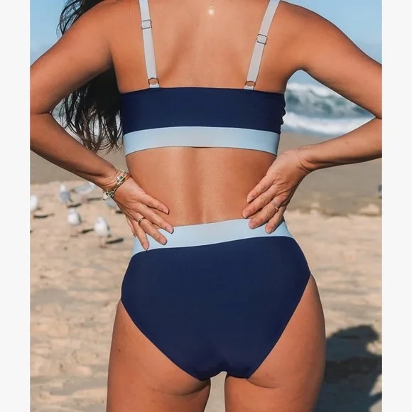 NWT Cupshe Ola de Verano Banded Mid-Rise  Navy and Light Blue Bikini Set - Picture 2 of 8